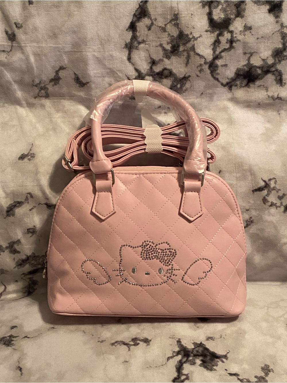 NWT Hello Kitty Angel Rhinestone Quilted Baby Pink Dome Handbag Crossbody Purse